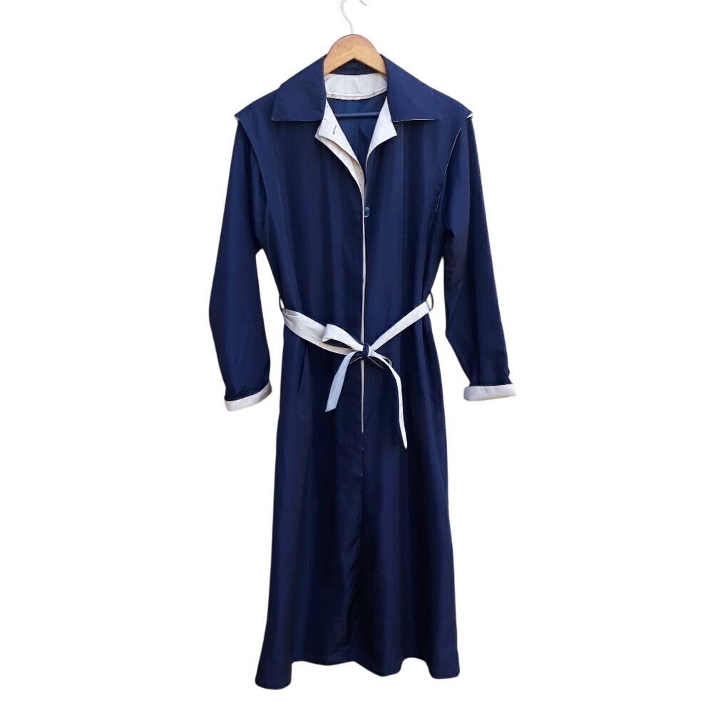 Vtg Old Money‎ Belted Sailor Back Trench Coat  Sx 6T Nautical Quiet Luxury Black